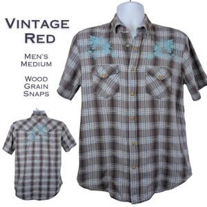 Vintage Red Western Mens Shirt Medium Brown Blue Plaid Snap Buttons Embroidered